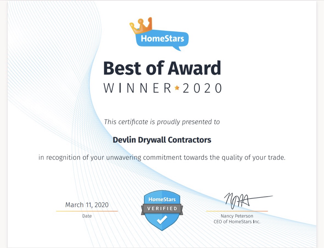 HomeStars Best of Award Winner 2020, presented to Devlin Drywall Contractors