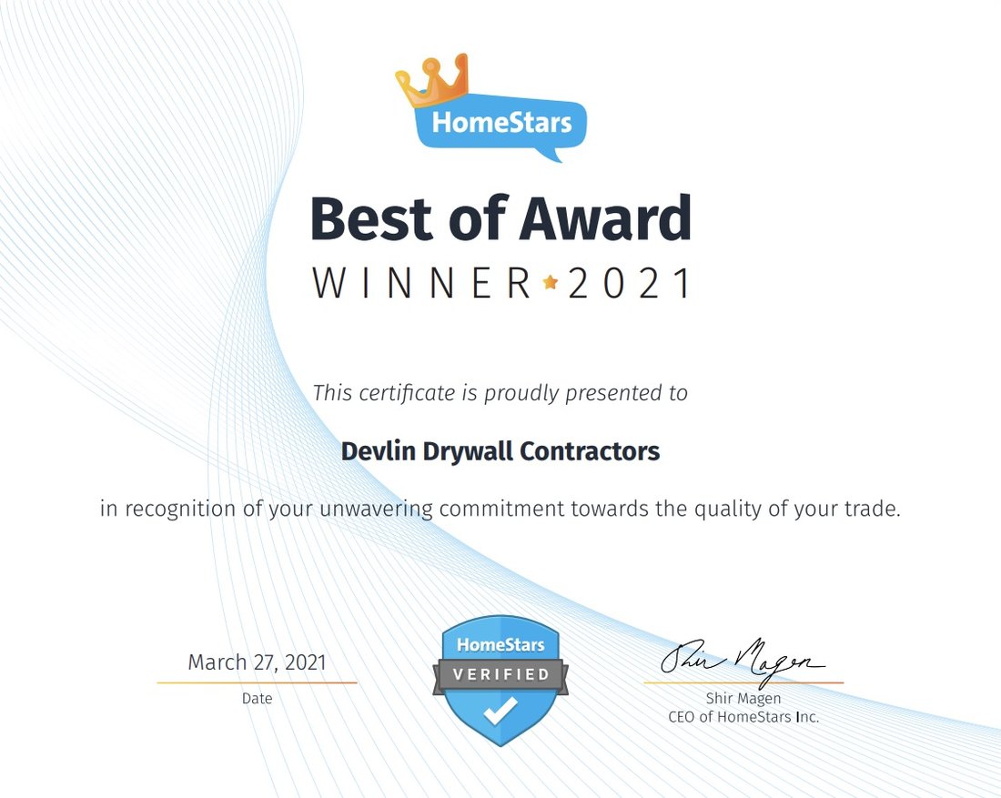 HomeStars Best of Award Winner 2021, presented to Devlin Drywall Contractors