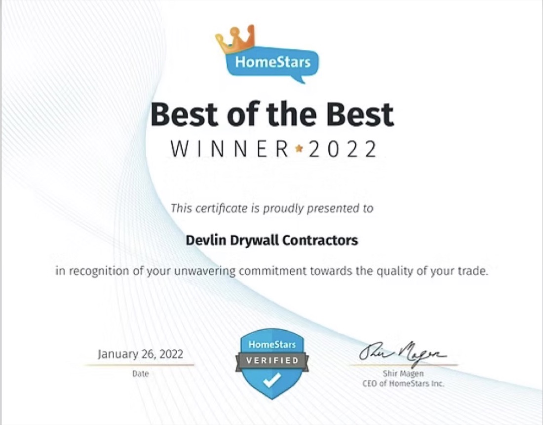 HomeStars Best of the Best Winner 2022, presented to Devlin Drywall Contractors