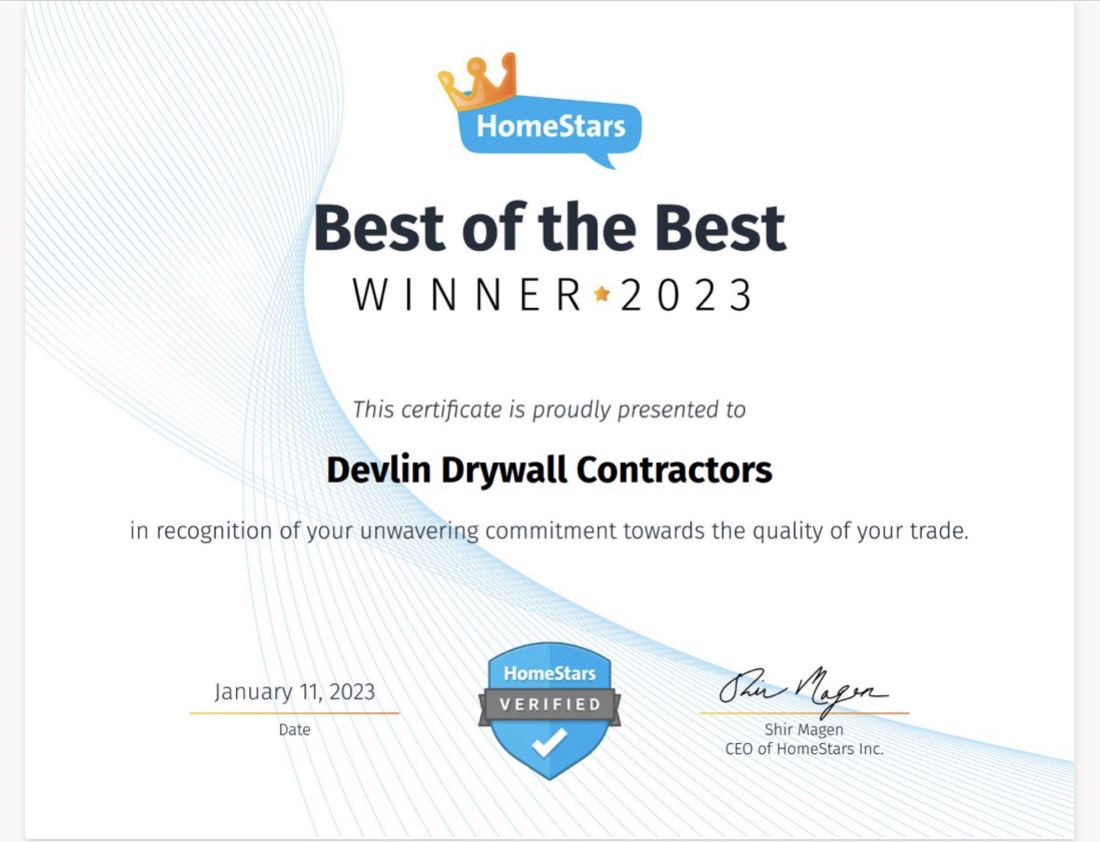 HomeStars Best of the Best Winner 2023, presented to Devlin Drywall Contractors