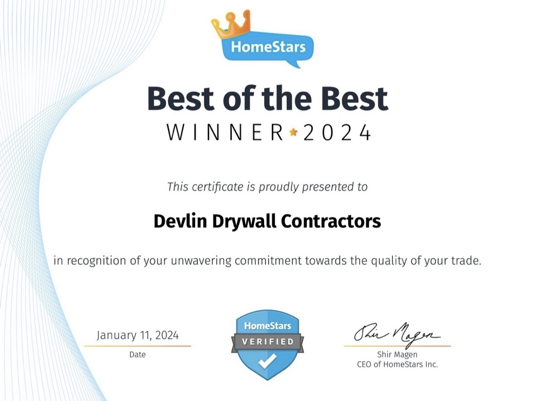 HomeStars Best of the Best Winner 2024, presented to Devlin Drywall Contractors