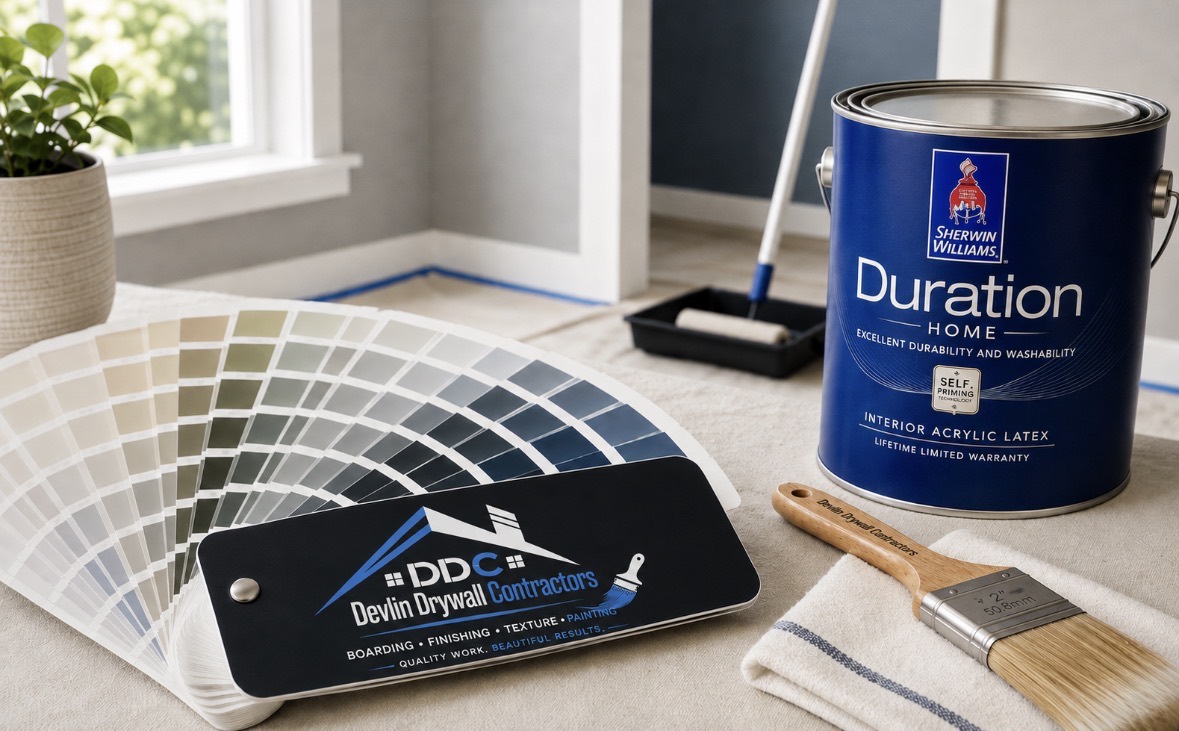 Devlin Drywall Contractors paint fan deck beside a can of Sherwin Williams interior paint in a room masked off and ready to spray