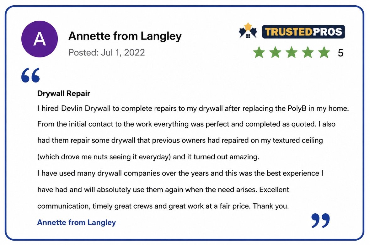 Five star TrustedPros review from Annette in Langley: drywall repairs after a PolyB replacement, completed as quoted at a fair price