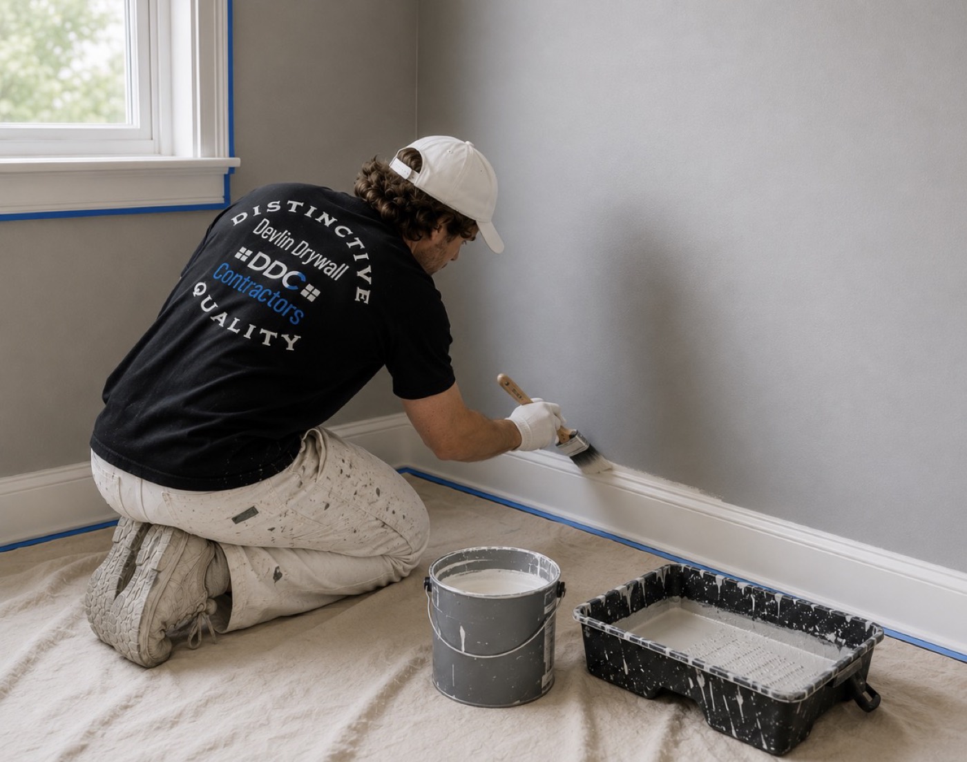 Devlin Drywall painter cutting in a baseboard with a brush in a freshly prepared room
