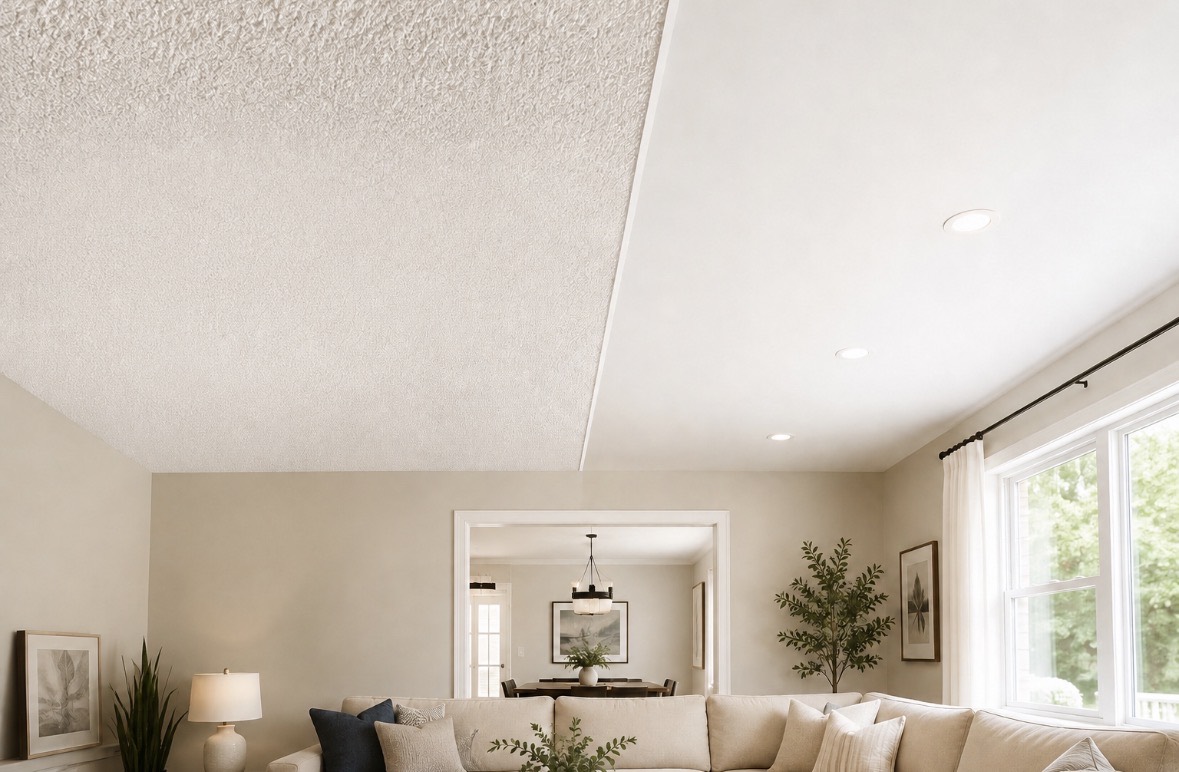 Living room ceiling half stripped of its popcorn texture and half finished flat and smooth