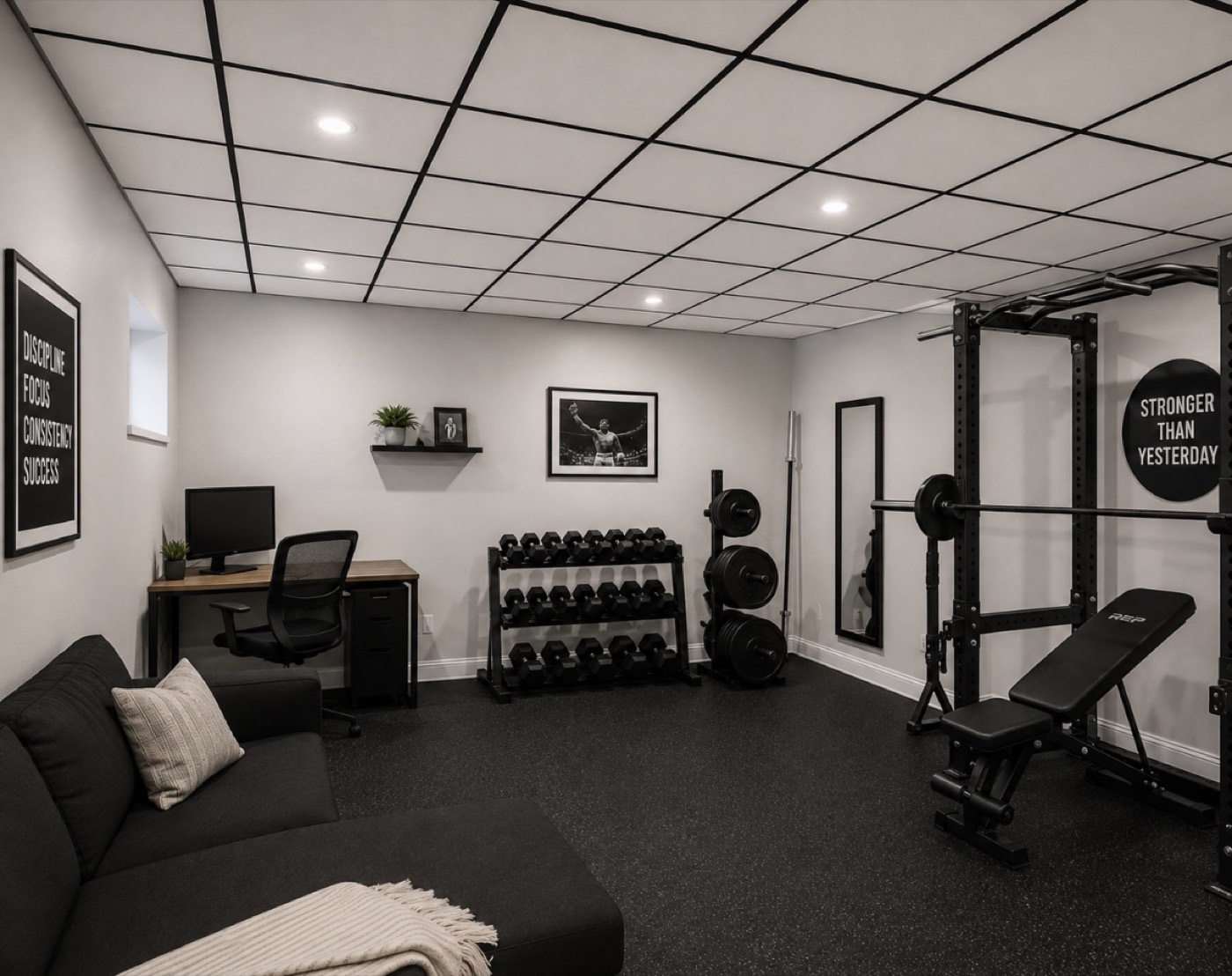 Black T bar suspended ceiling grid finished in a basement home gym