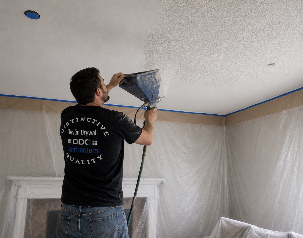 Devlin Drywall tradesman spraying fresh ceiling texture from a hopper gun to blend a repair