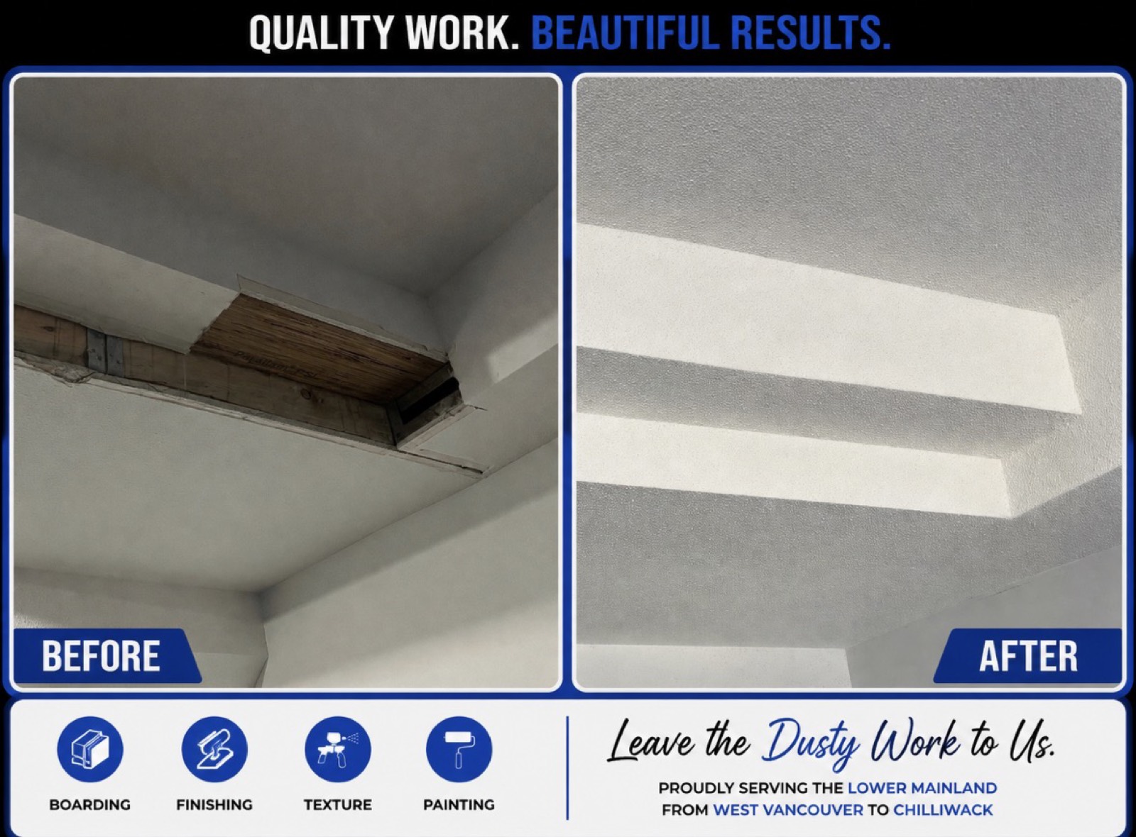 Before and after of an open bulkhead in a ceiling, boarded, finished and painted flat