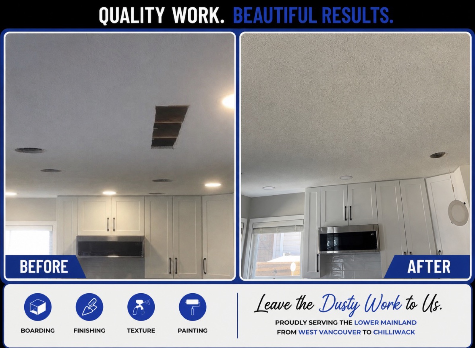 Before and after of a kitchen ceiling with cut openings, repaired and texture matched