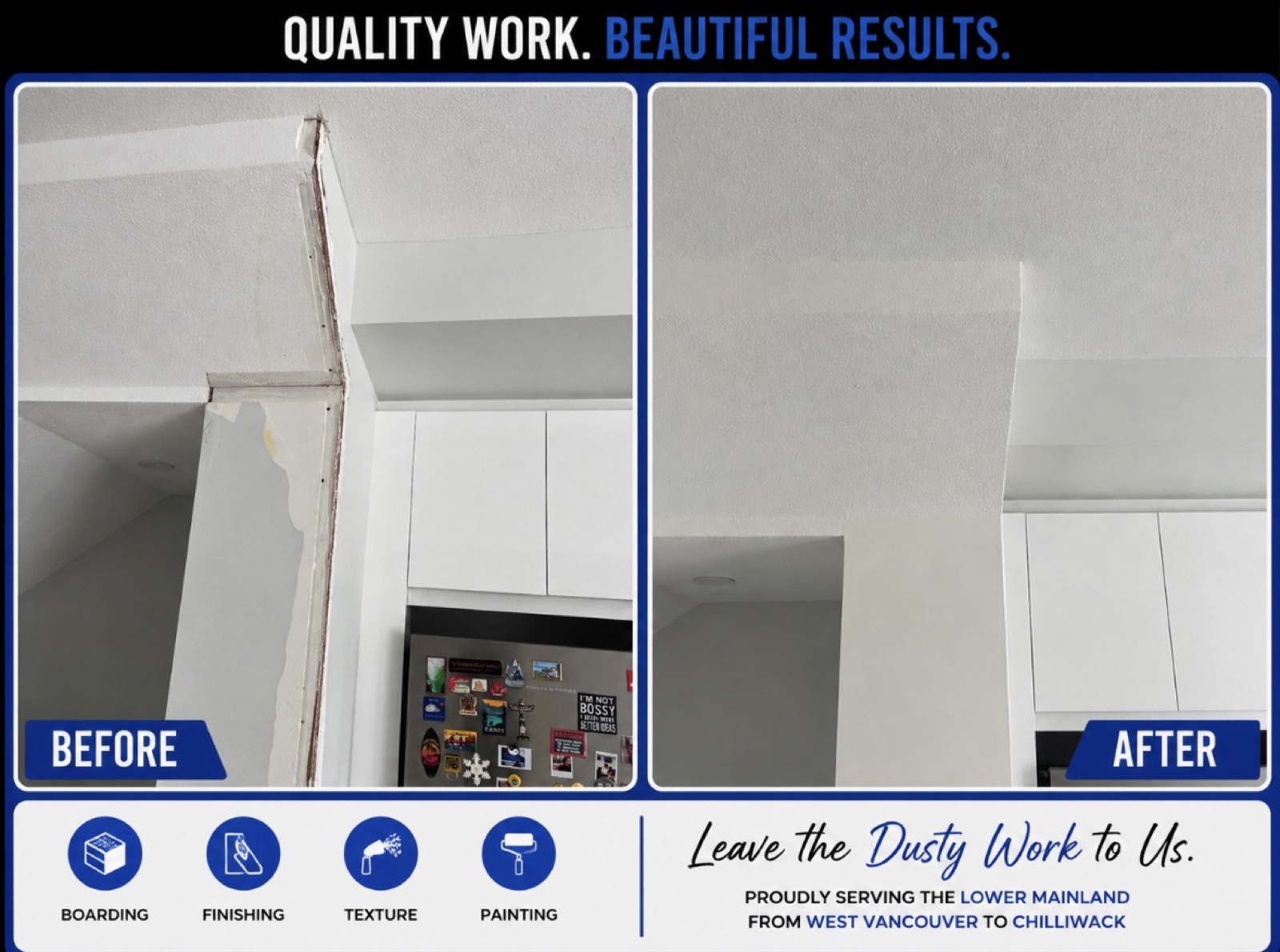 Before and after of a damaged corner beside kitchen cabinets, rebuilt and finished