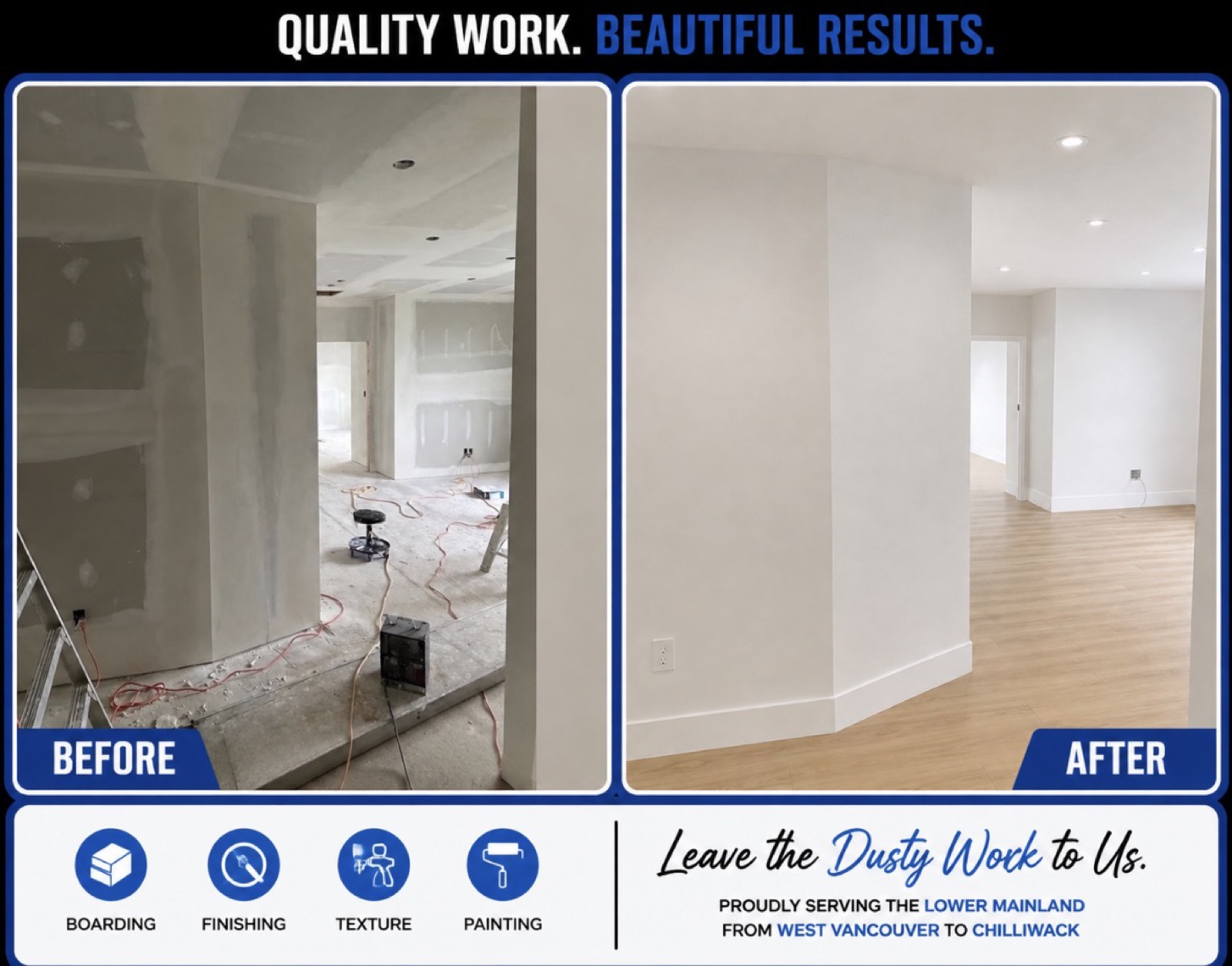 Before and after of a room in taped drywall, finished and painted with flooring in