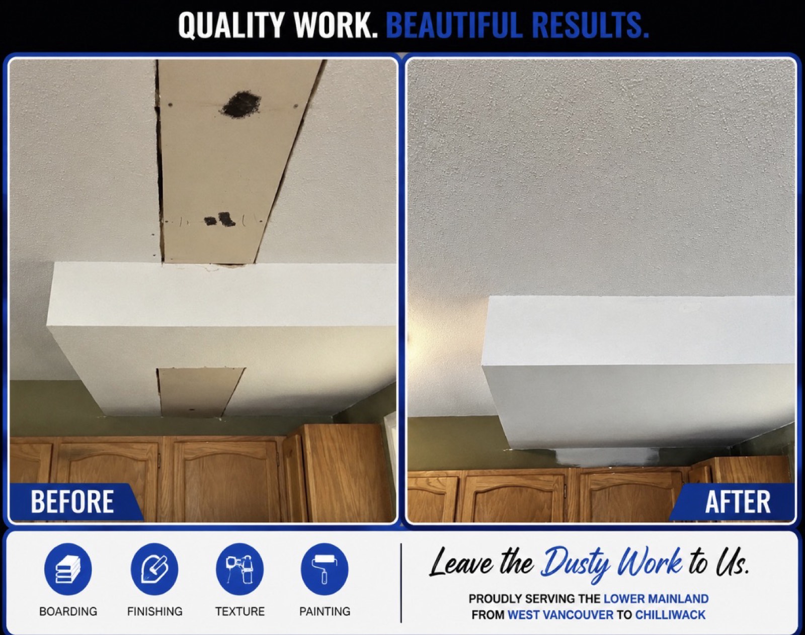 Before and after of a water damaged kitchen ceiling, reboarded and textured