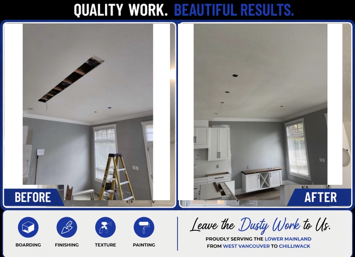 Before and after of a long service opening cut in a kitchen ceiling, closed up and finished